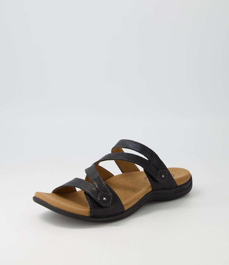 Double U Black Leather Slides