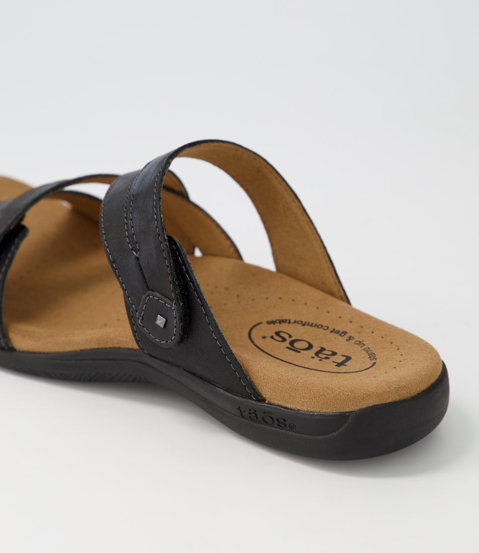 Double U Black Leather Slides