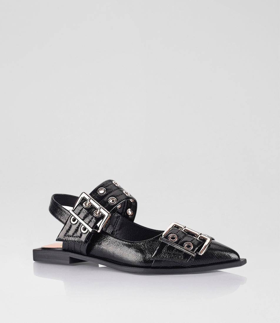 Clea Black Crinkle Patent Pu Flat Shoes