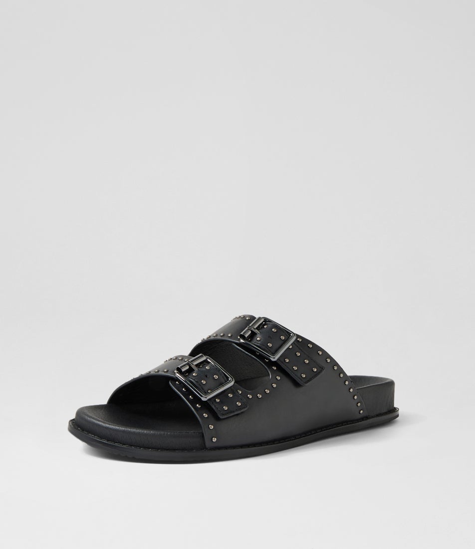 Havro W Black Gunmetal Leather Slides