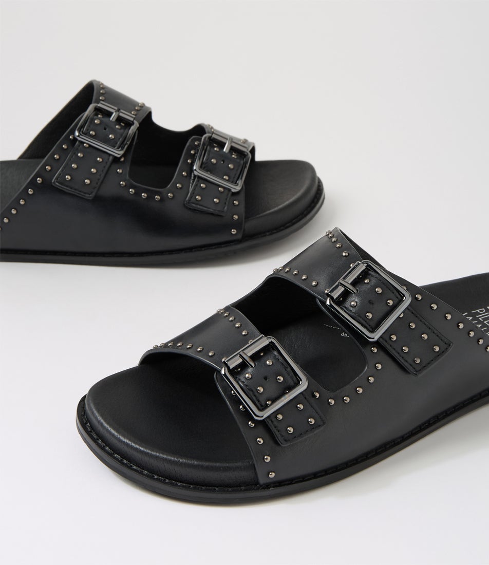 Havro W Black Gunmetal Leather Slides